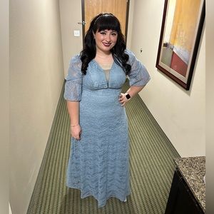 XL Dusty Blue Bridesmaids Dress Elegant Sleeves Lace